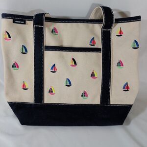 Lands' End Canvas Tote Bag Embroidered Sailboats Navy Boat Tote Medium